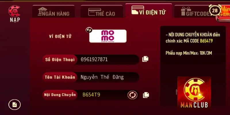 Nạp tiền Manclub qua ví điện tử 